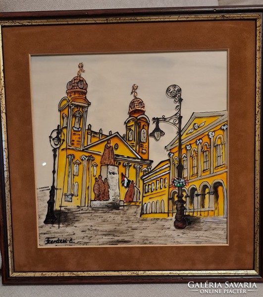 Signed stained glass picture depicts the main square of Debrecen with a 35*35 frame