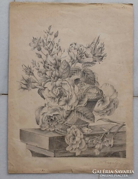 Floral still life with roses, pencil drawing by Kálmán Bagály from 1878