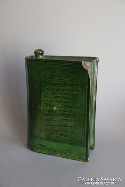 Southern Great Plains verse book-shaped green glazed brandy bottle 1860 Gyula