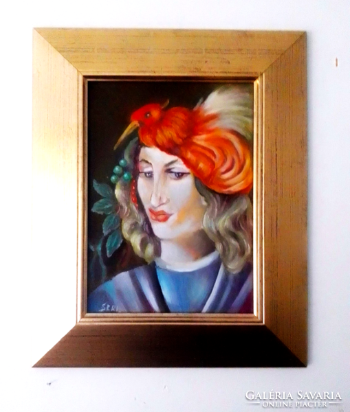 Portrait with bird hat / art deco / oil painting by Sándor Seres