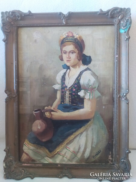 Verbőczy: Lány korsóval olaj, vászon festmény, eredeti blondel keretben 42x32 cm