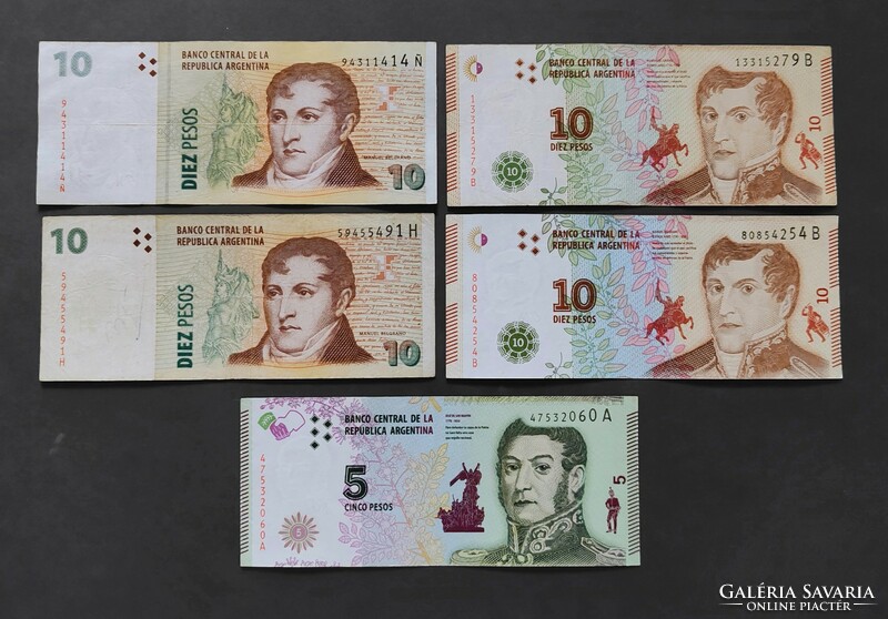 South America - Argentina 5 + 10 pesos banknotes 5 pcs