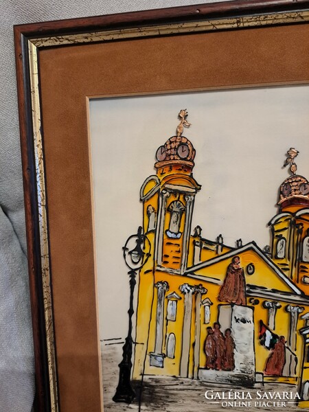 Signed stained glass picture depicts the main square of Debrecen with a 35*35 frame
