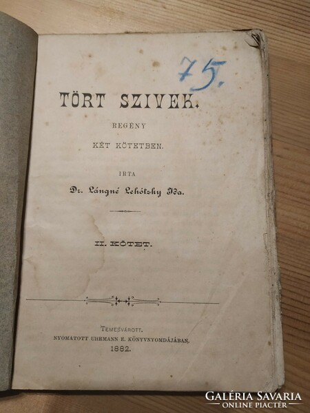 Dr. Lángné Lehóczky Ida. Tört szívek, regény, 2. kötet 1882
