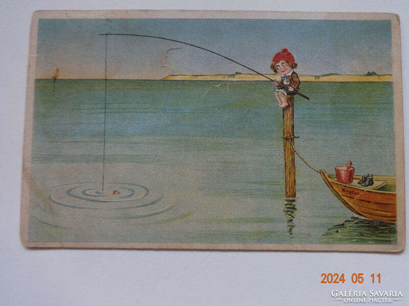 Old humorous graphic postcard - little boy fishing