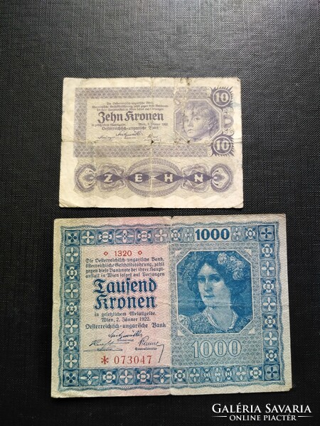 Osztrák - magyar bank 1922 , 10 és 1000 Kronen ( Korona ) ,viseltes