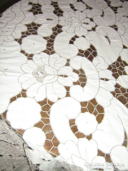 Beautiful off-white floral rosette sewn lace tablecloth