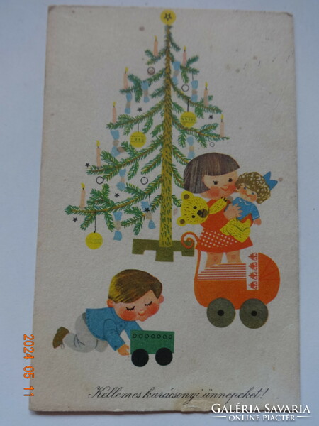 Régi grafikus karácsonyi üdvözlő képeslap - Sóti Klára rajz
