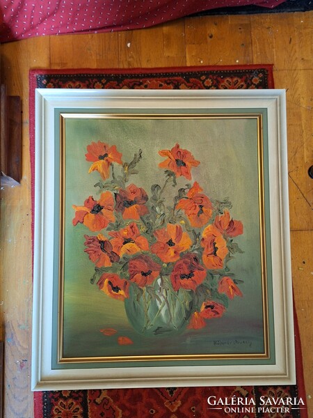Quality German signed poppies in a vase, framed in the 1980s