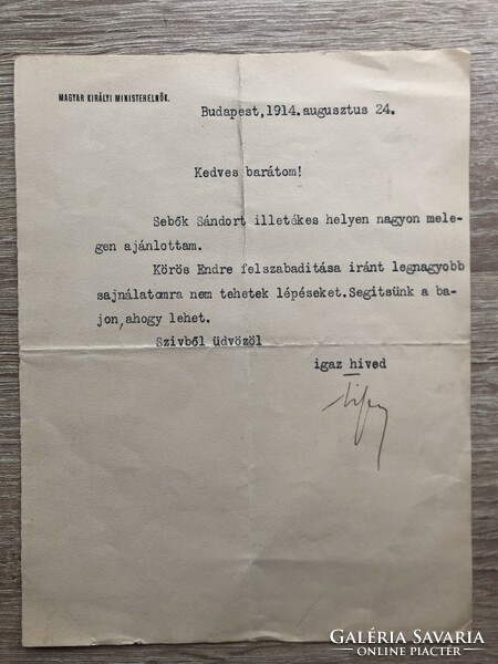 Letter signed by Prime Minister István Tisza, aristocratic politician, Member of Parliament