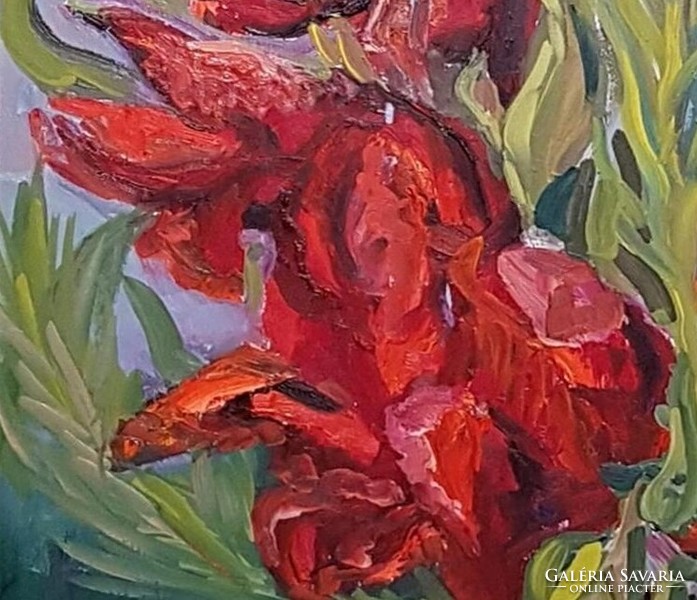 A bouquet of oil paintings of gladiolus with the title Only from love for sale (artwork by art teacher Miklós Tóth)