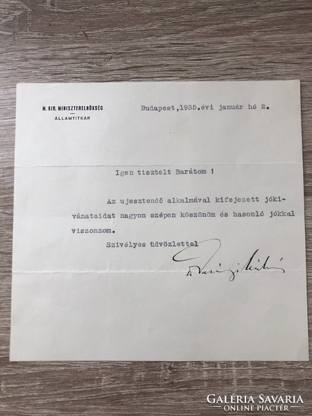 A letter signed by Kálmán Darányi, an aristocratic politician, member of Parliament, and Prime Minister