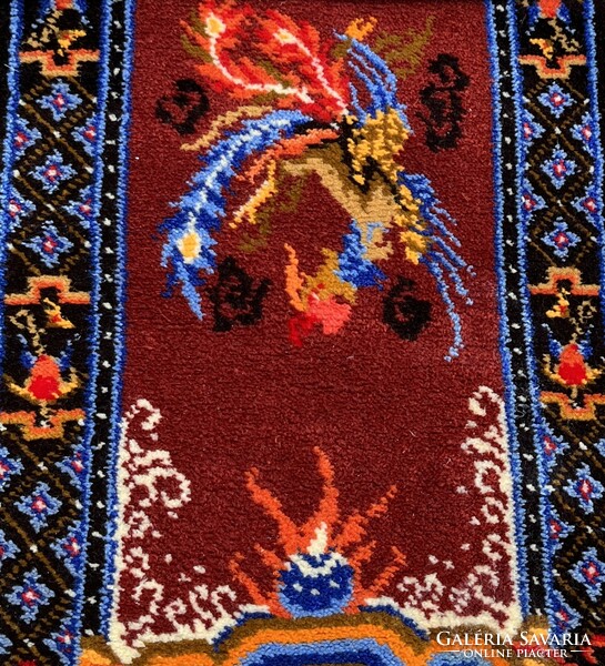 Phoenix bird, brightly colored, hand-knotted tapestry