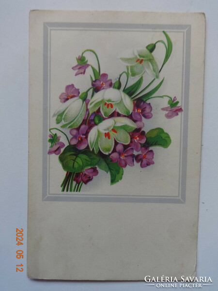 Vintage graphic floral greeting card with snowdrops and violets