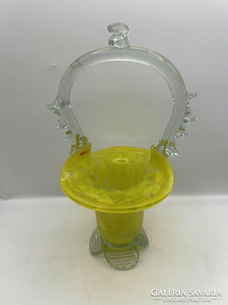 Glass yellow broken basket glass basket, karcagi, 22 x 13 cm. 5119