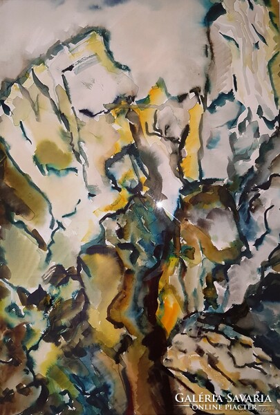 The rocks of Békás Gorge are for sale in a watercolor painting (artwork by art teacher Miklós Tóth)
