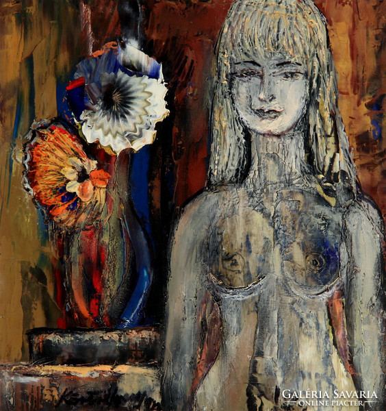 Körtvélyessy Magdolna (1930-?) - Nő Vázával | Női Akt Virággal Virágcsendélet