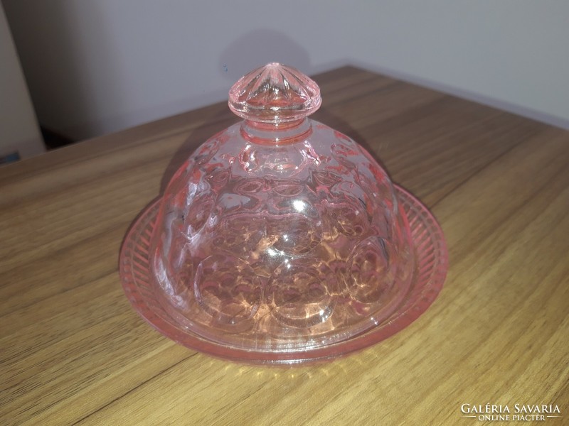 Pink glass butter container