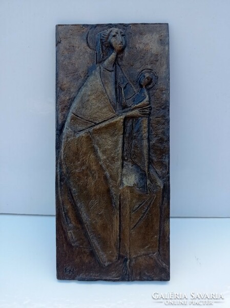 Erwin Huber Bronz plakett, Relief Szűz Mária a kis Jézussal, Szignált