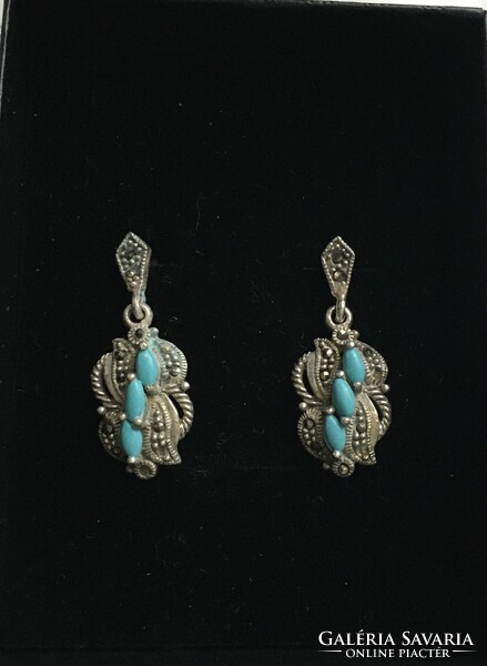 Impressive vintage silver earrings with turquoise-marcasite stones