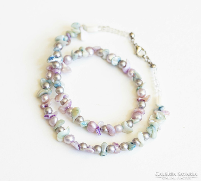 Purple-pink mother-of-pearl and pearl necklace, choker necklaces