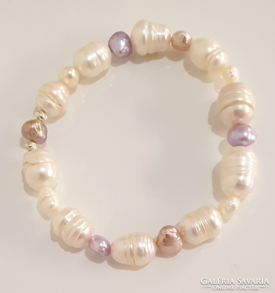 White, purple, pink rubber bracelet with large pearls