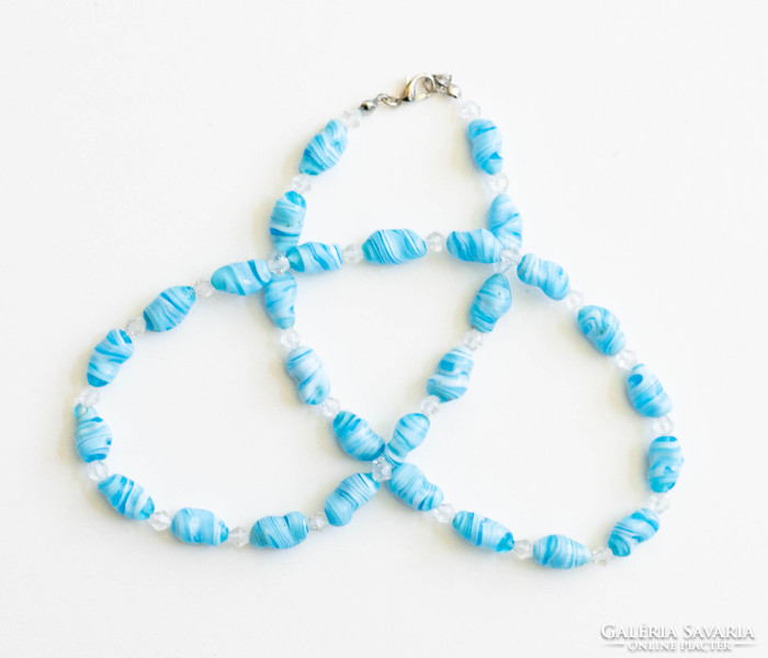 Vintage Murano style glass necklace, jewelry - baby blue with twisted candy pearls