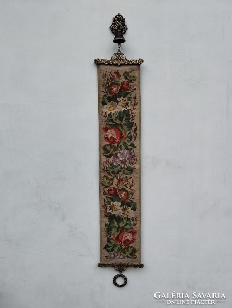 Impeccable condition, beautifully decorated tapestry servant call bell with copper fittings