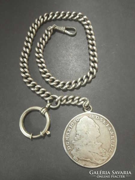 Old silver pocket watch chain, ii. Lipót 1777 krajcár coin with pendant. 76.8 grams.