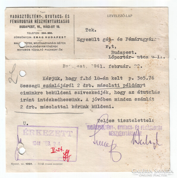 Levelezőlap / 1941 Vadásztöltény-, Gyutacs- és Fémárugyár Rt. Budapest.