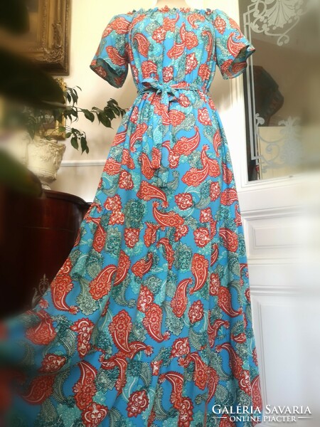 Al nuo si 42-44 100% cotton maxi dress, turquoise-coral long dress