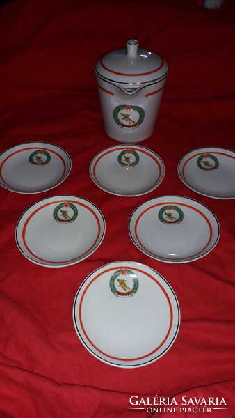 Antik KISPEST - HONVÉD porcelán kávéskészlet kiöntő és 6 db logós tányér EGYBEN képek szerint