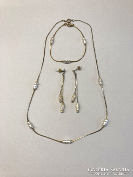 Real pearl earrings, bracelet and necklace set bijou