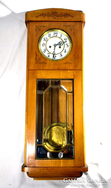 Inlaid two heavy pendulum wall clocks with Art Nouveau pendulum lenses!