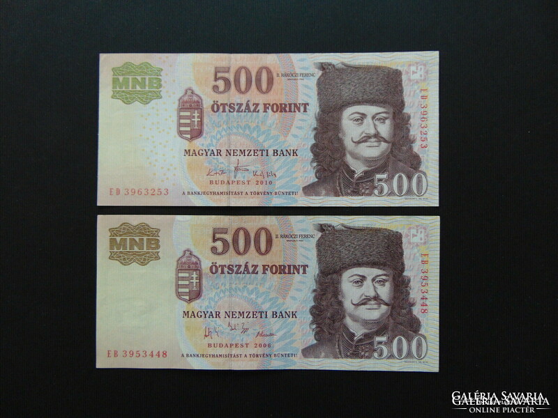 2 pieces of 500 HUF 2006 - 2010 nice crisp banknotes!