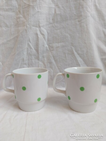 2 lowland green polka dot porcelain mugs