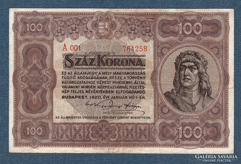 100 Korona 1920 VF+ vörös számozás