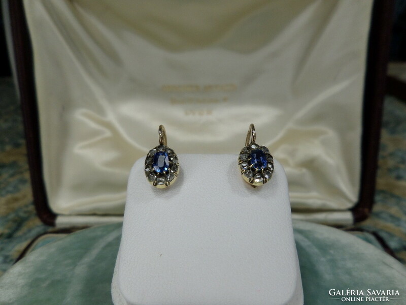 Pair of antique gold crammed earrings with blue sapphires and diamonds