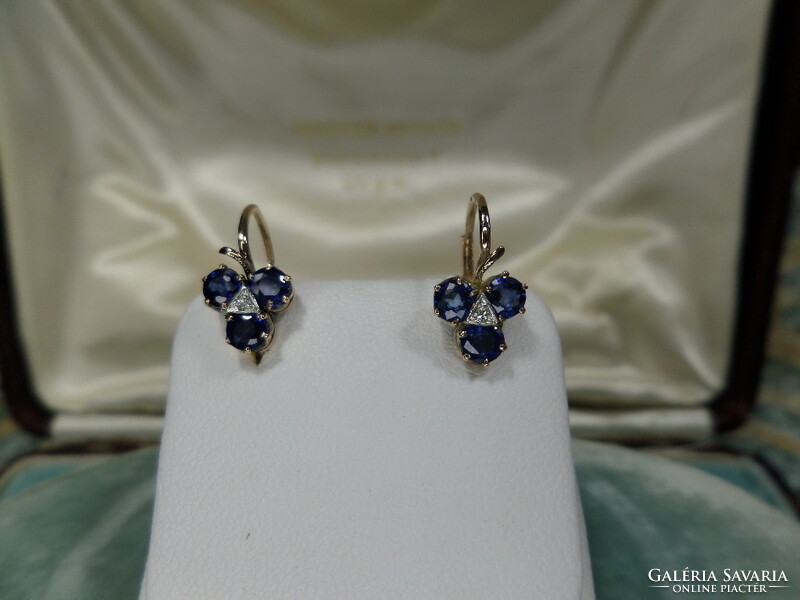 Pair of antique gold clover earrings with blue sapphires and diamonds
