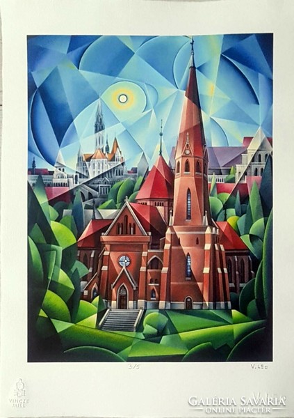 Leo Vinkó - Dezső square church in Szilágy 33 x 25 cm computer print, embossed paper
