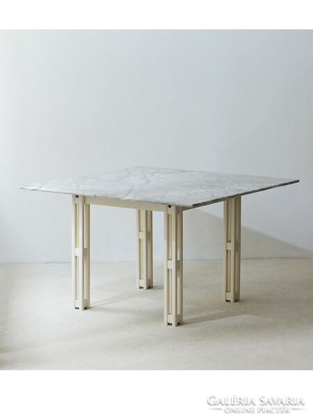 Carrara marble and oak square dining table in the style of Jean Maneval, Dutch 60s