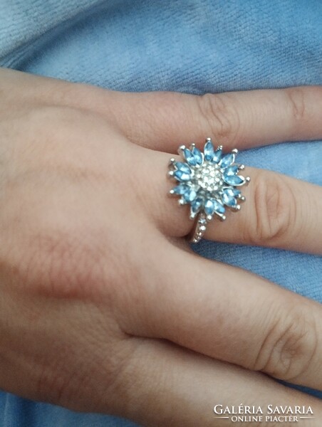 58/59 Ring with stainless steel crystals, light blue and white zirconia stones