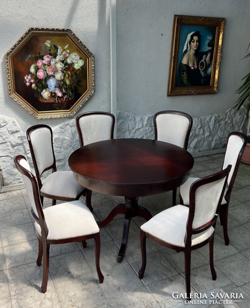 Antique style circular dining table / meeting table with 6 upholstered chairs
