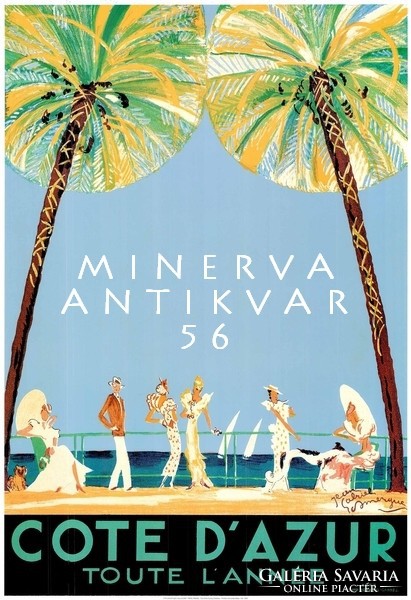 Art deco utazási reklám plakát reprint nyomat Cote d'Azur pálmafa sétány nyár tengerpart divat