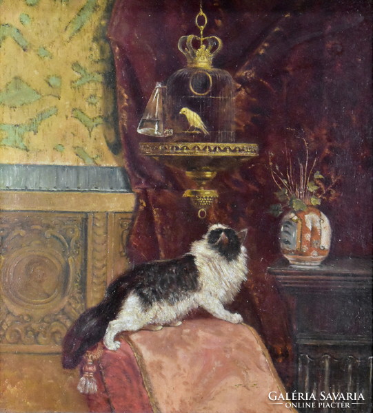 XX. Sz. Eleje Hungarian painter: a cat hunting a canary