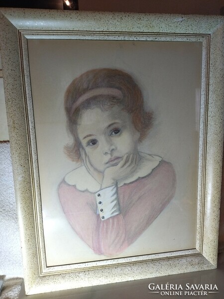 Beautiful old pencil-drawn little girl 70x56 cm signed 1966