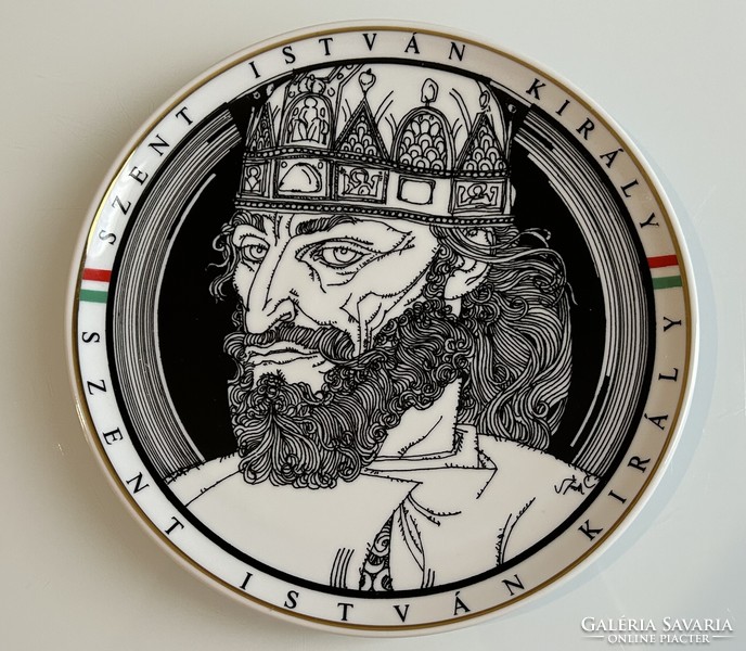 Hollóházi Szász Endre által tervezett Szent István királyt ábrázoló porcelán falitányér