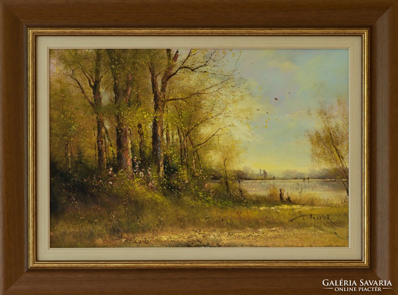 JAKUBIK ISTVÁN, ŐSZI TÓPART - HANGULATOS TÁJKÉP, 40x60 CM, OLAJFESTMÉNY