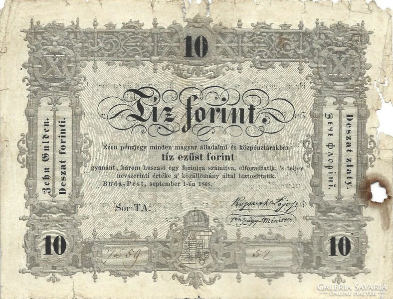 10 tíz forint 1848 Kossuth bankó szöveghibás "büntettetnek" helyett "büntetettnek"1.