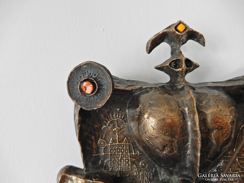 Régi Muharos Lajos bronz relief Sárkányölő Szent György ábrázolással, zománc díszítéssel